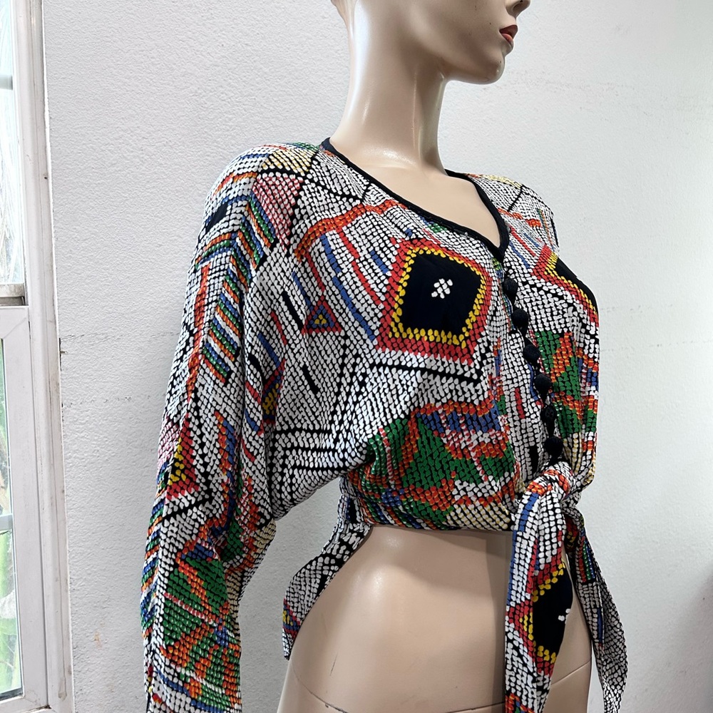 Platinum Petites Multicolor Geometric Tie-Front Blouse with Black Trim